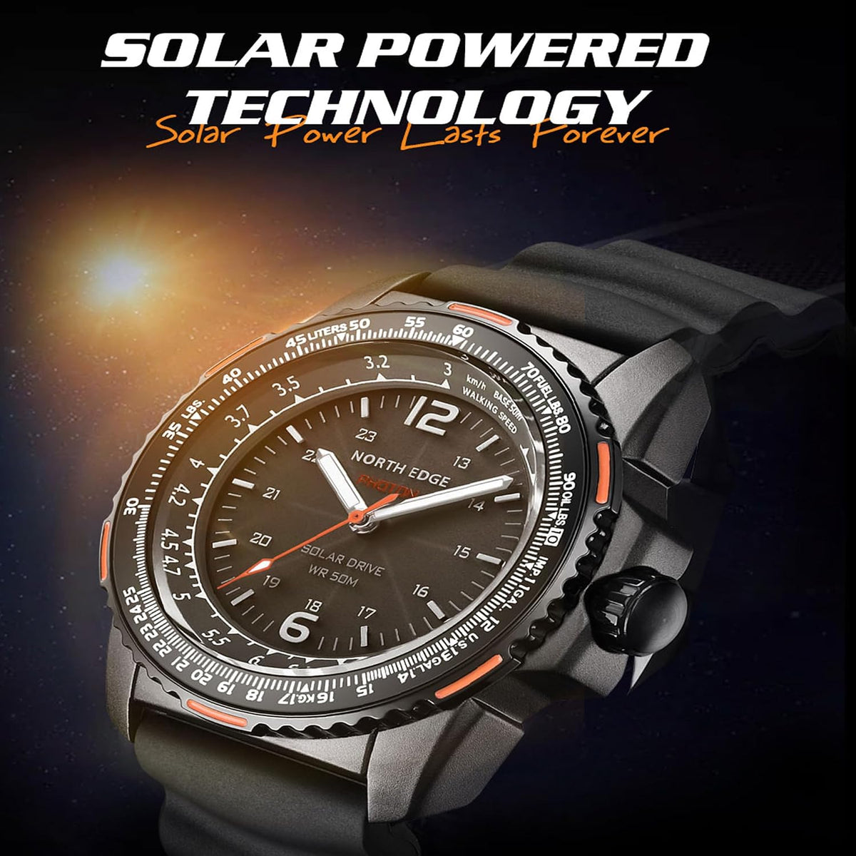 Reloj de piloto con energía solar Photon para hombre, reloj deportivo militar, 5ATM/164FT a prueba de agua, manecillas luminosas, bisel giratorio, correa de silicona