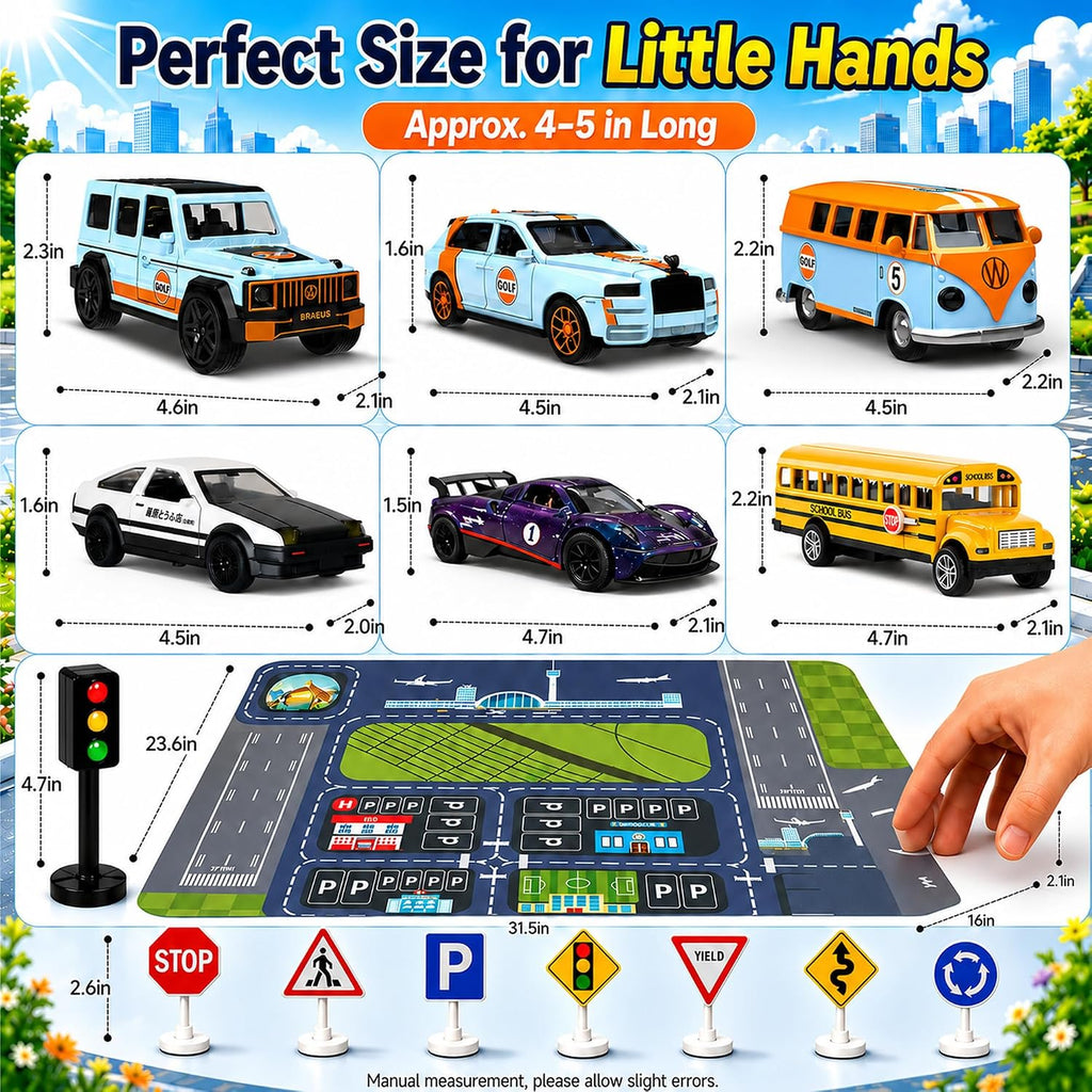 Juguetes de camión de aleación 1:32 para niños, 6 unidades de autos fundidos a presión con mapa de ruta, señales de tráfico y luz, juego de vehículos de juguete, cumpleaños para niños y niñas