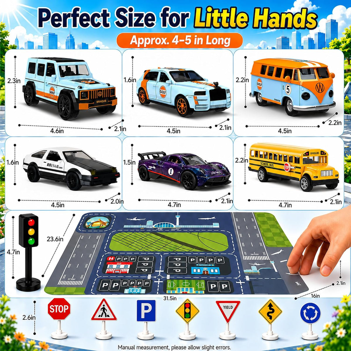 Juguetes de camión de aleación 1:32 para niños, 6 unidades de autos fundidos a presión con mapa de ruta, señales de tráfico y luz, juego de vehículos de juguete, cumpleaños para niños y niñas