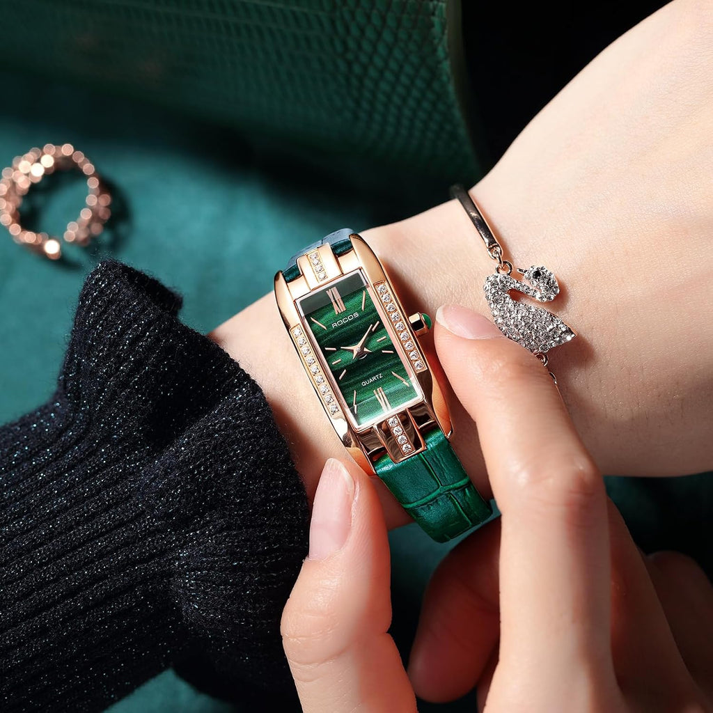 ROCOSJEWE Reloj Elegante para Mujer - Esfera Verde Correa de Cuero Caja en Oro Rosa, Reloj Analógico de Cuarzo Vestido, Reloj de Pulsera Impermeable de Moda Regalo para Mujer RW0209S