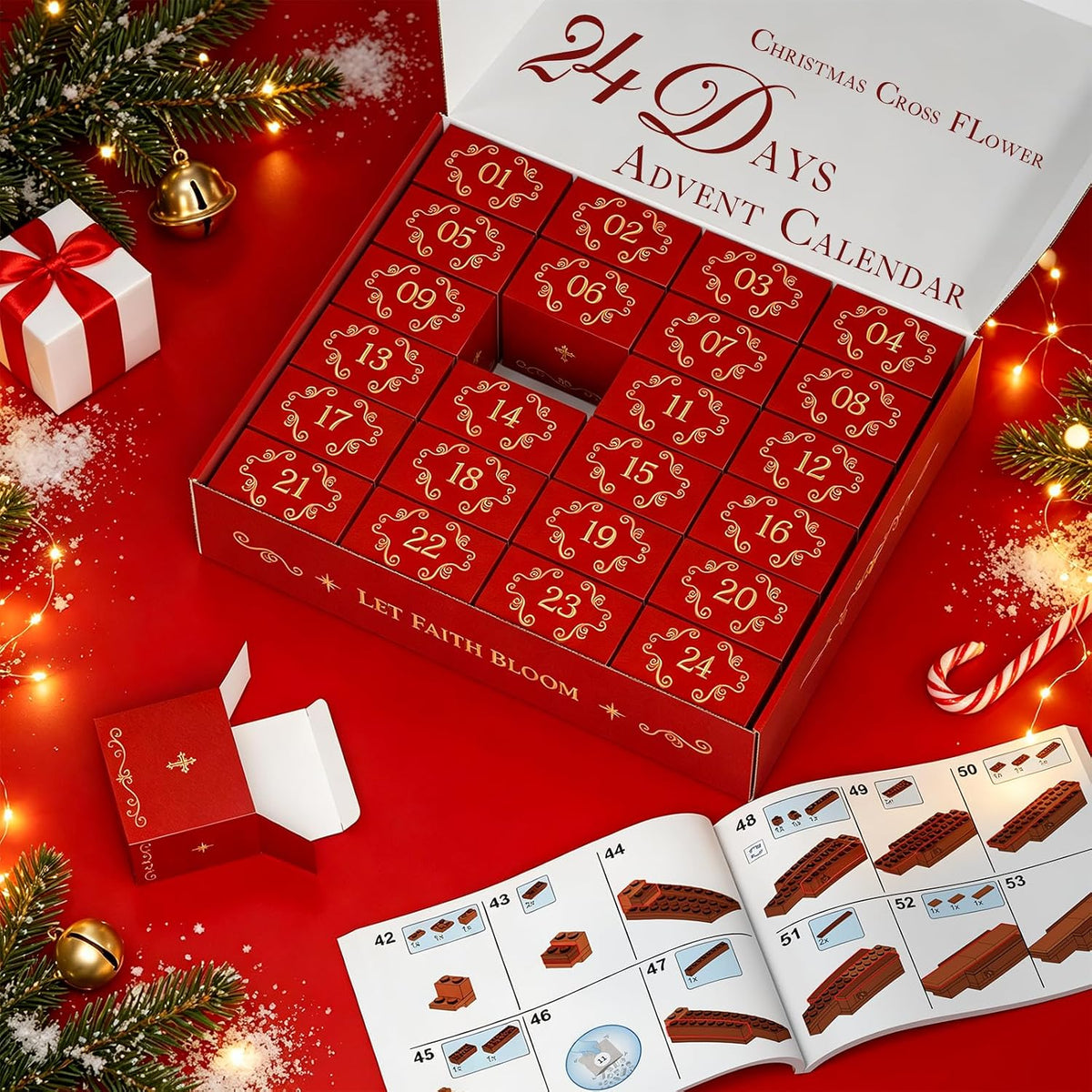Juego de construcción de calendario de Adviento de Navidad de Jesús Cross Flower 2026, compatible con Lego, 24 días de cruz religiosa, coleccionables, cuenta regresiva, católicos, cristianos