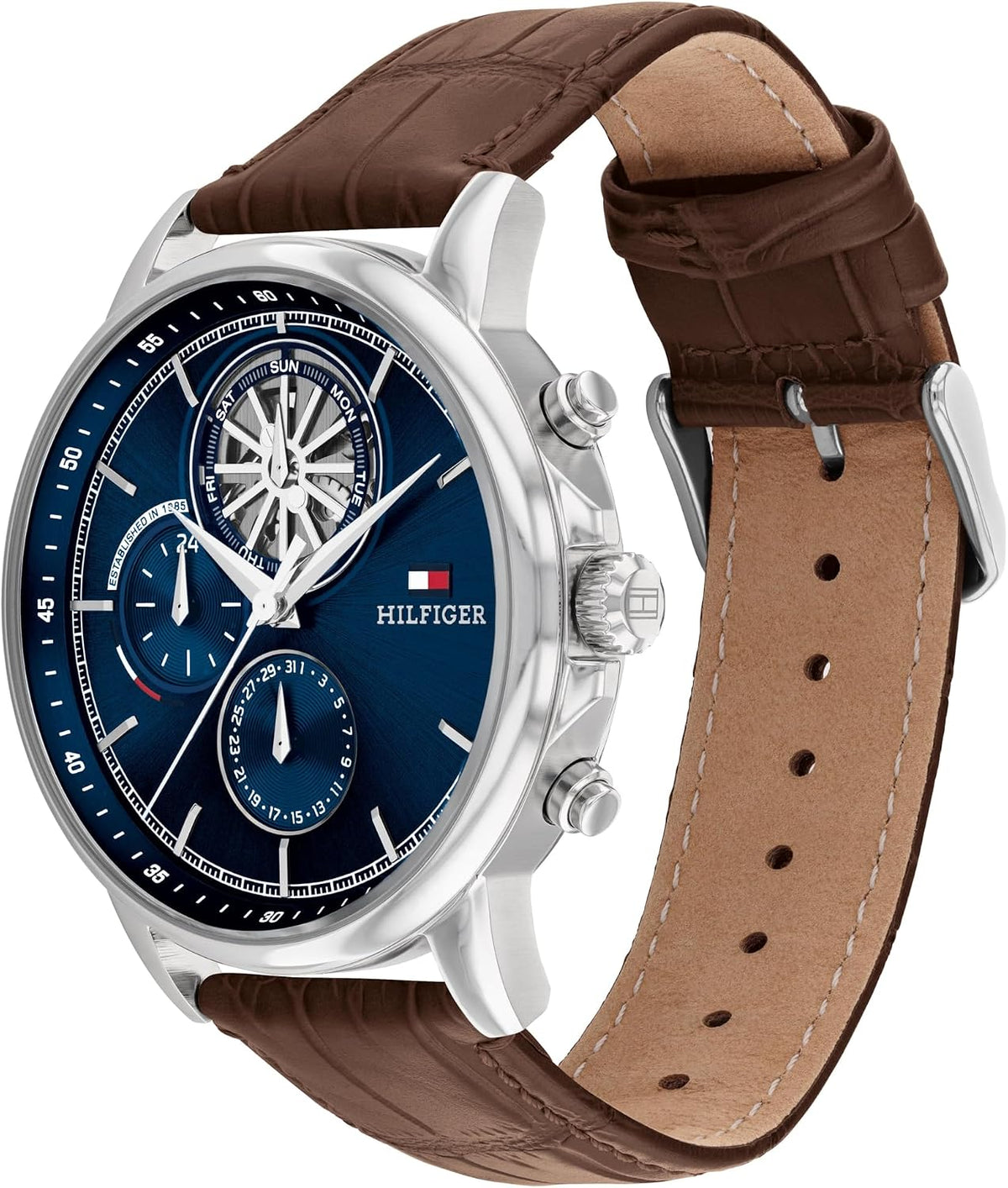 Tommy Hilfiger Reloj para hombre – Caja de acero inoxidable multifunción de cuarzo de 1.732 in, esfera de doble capa con acabado de rayos solares o esmalte, subesferas de corte CD, correa de cuero