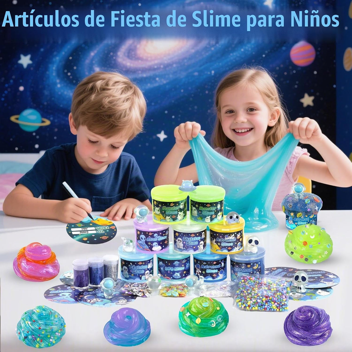 Paquete de 9 unidades de slime Galaxy que brilla en la oscuridad, slime espacial con dijes de astronauta, alienígenas y ovni, juego de limos de bricolaje, juguetes sensoriales, regalos de fiesta para niños
