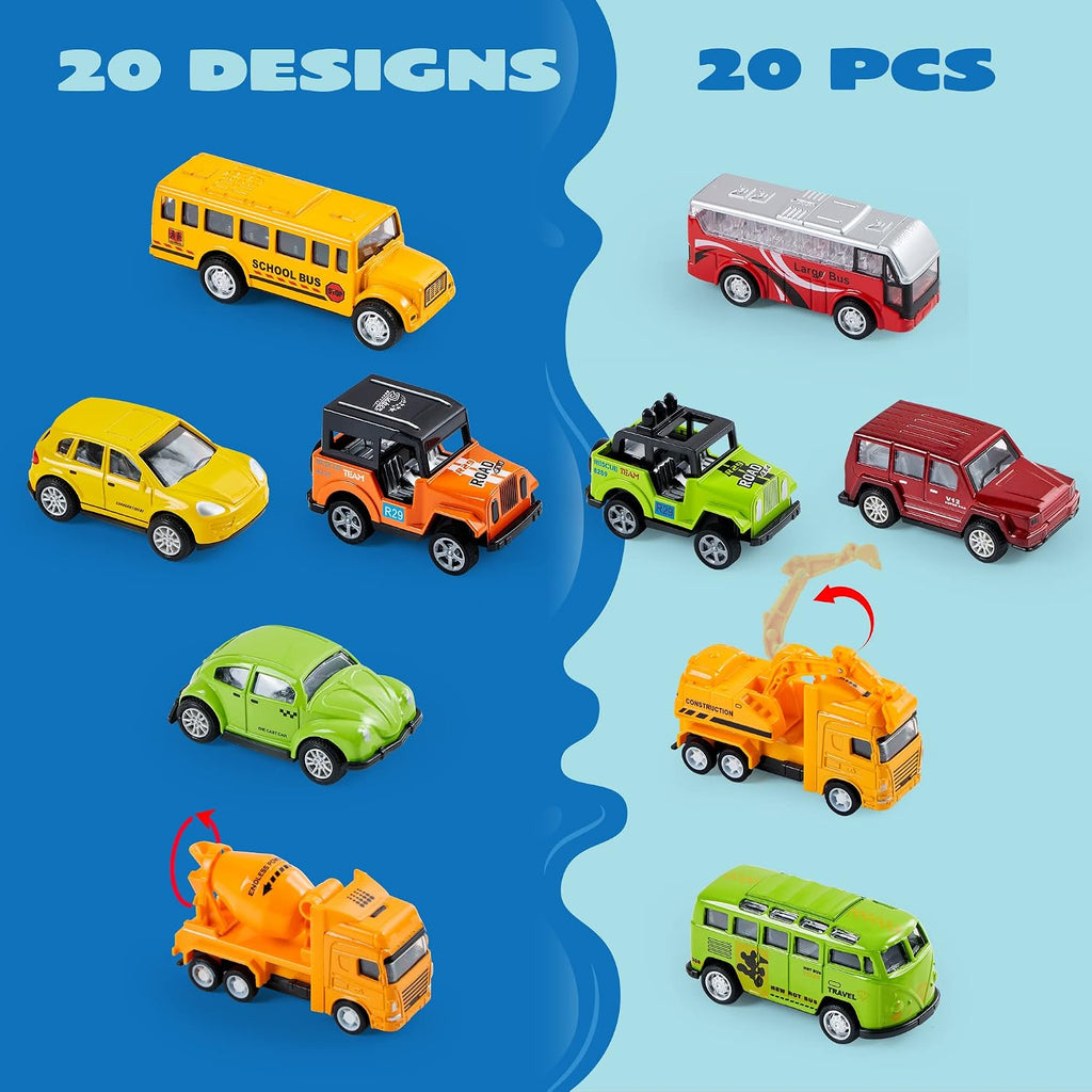 JOYIN 20 piezas de coches de juguete de metal fundido, juguetes de coche a granel, juego de vehículos para niños, recuerdos de fiesta para niños, adornos para pasteles, rellenos de calcetines, autos