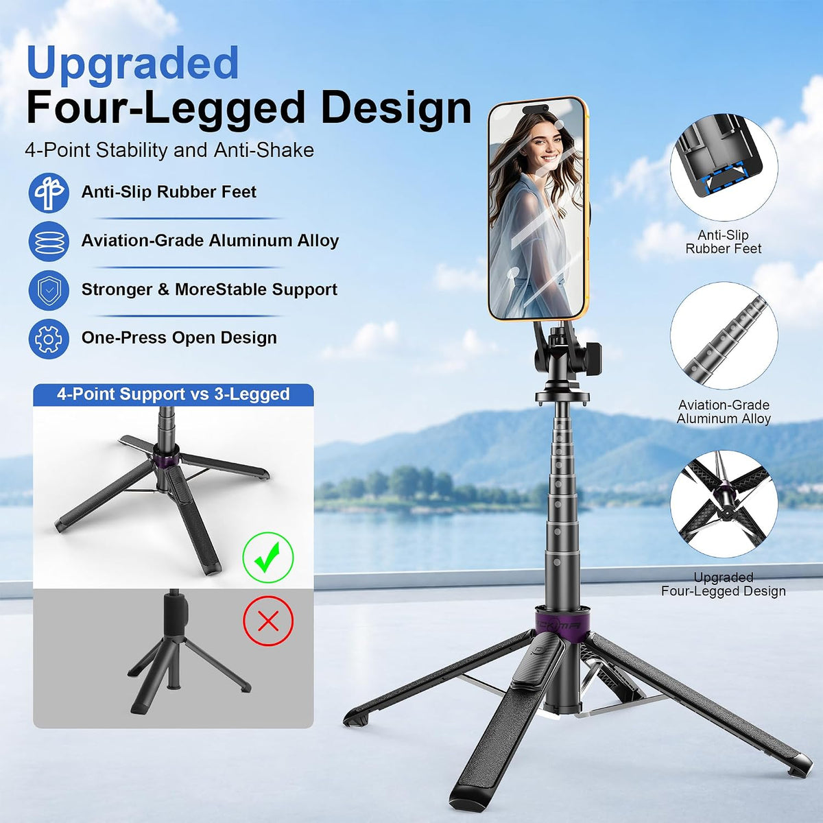 Trípode magnético para selfie de 53", base de 4 patas, montaje de 1