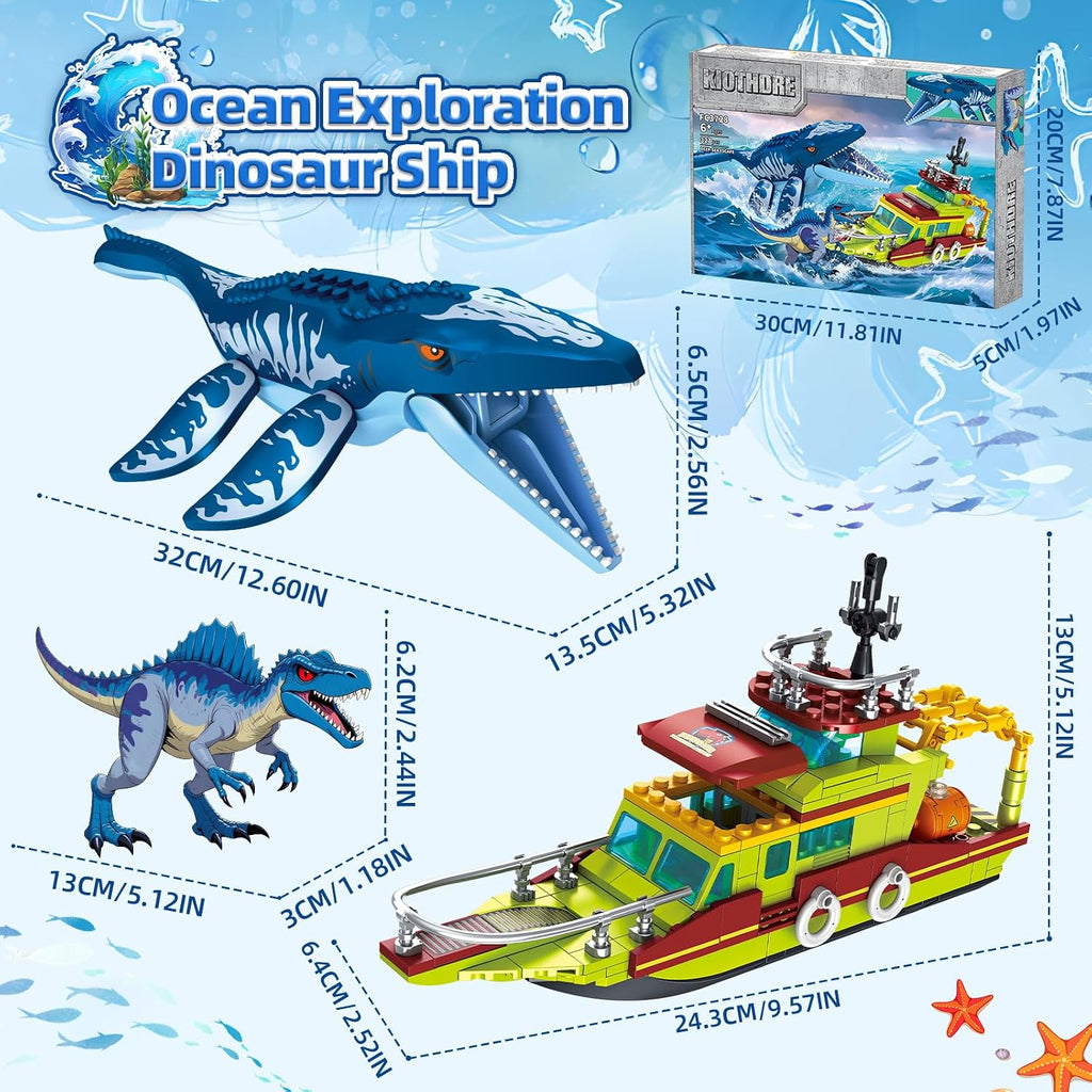 kiothdre Juego de construcción de dinosaurios Ocean Explorer 3 en 1 compatible con Dinosaur Park World, Barco Ciudad y Mosasaurus Spinosaurus Dino Toys con articulaciones móvil, juguetes para niños de 6 a 12 años