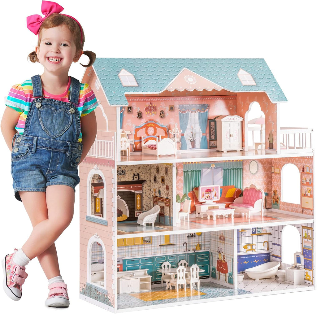 Lámpara ROBOTIME Casa de muñecas de madera para niños de 3, 4, 5, 6 años, casa de muñecas con 28 muebles de plástico, para muñecas de 3.3 pulgadas, regalos de cumpleaños para niños pequeños de 3 años en