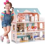 Lámpara ROBOTIME Casa de muñecas de madera para niños de 3, 4, 5, 6 años, casa de muñecas con 28 muebles de plástico, para muñecas de 3.3 pulgadas, regalos de cumpleaños para niños pequeños de 3 años en