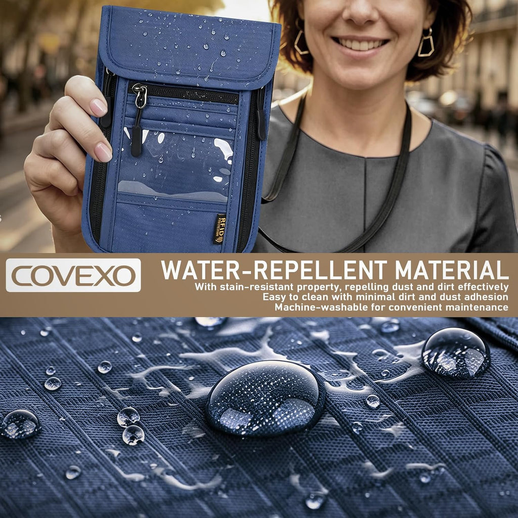 Cartera de cuello con bloqueo RFID, bolsa oculta para pasaporte de viaje, oculta debajo de la ropa, seguridad antirrobo, ajustable y ligera para vacaciones, aeropuertos, Azul oscuro, Bolsa de