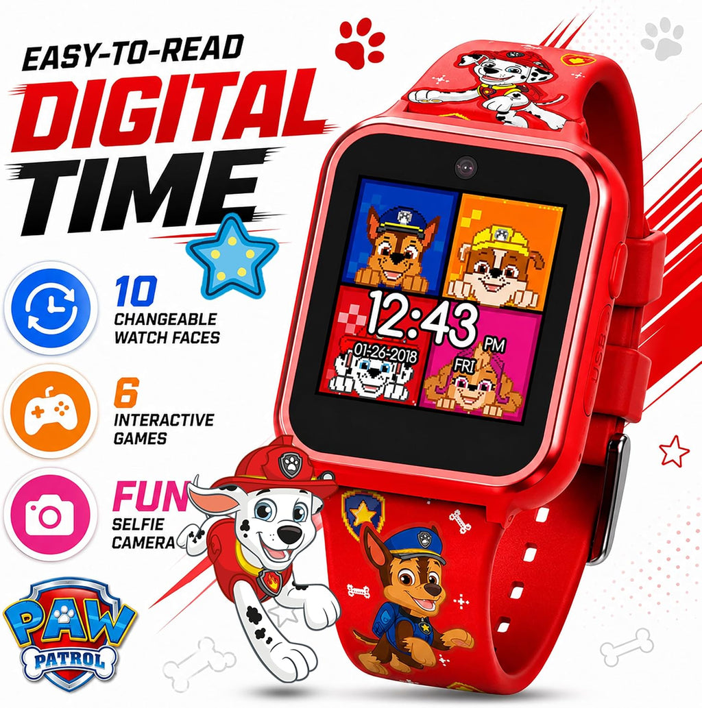 Reloj inteligente Accutime Paw Patrol con cámara para niños y bebés - Reloj inteligente interactivo para niños y niñas con juegos, grabadora de voz, calculadora, podómetro, alarma, cronómetro, con