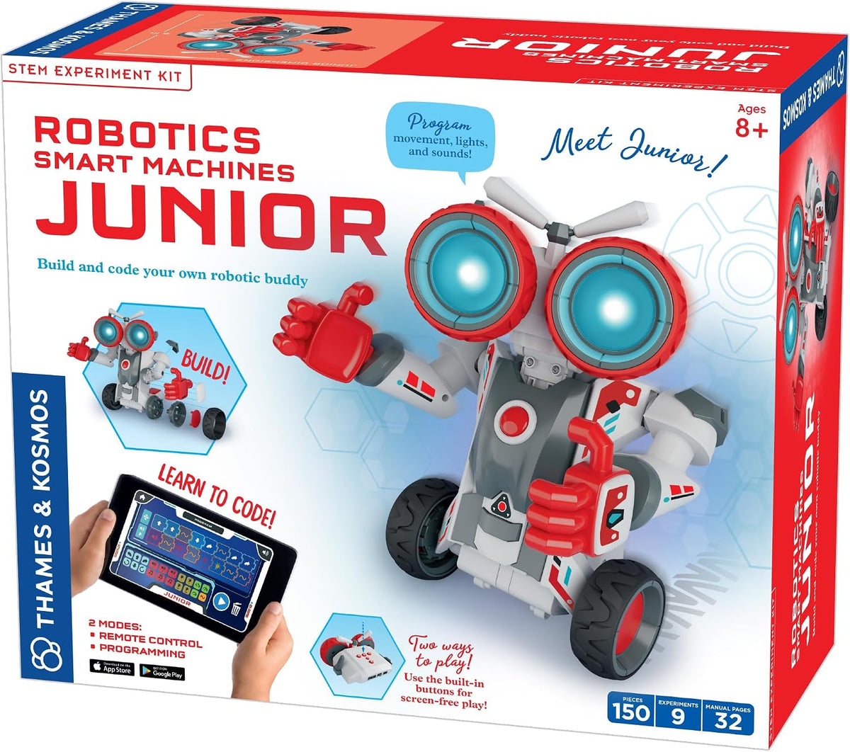 Thames & Kosmos Robotics Smart Machines Junior STEM Kit, construye y codifica los movimientos, velocidad, luces y sonidos de tu robot, para mayores de 8 años, utiliza sin pantalla con botones