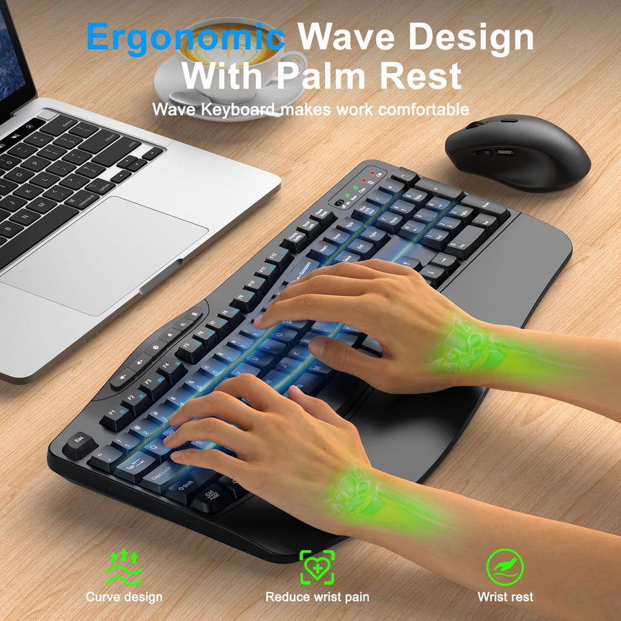 Combo de teclado y mouse inalámbricos, teclado ergonómico con 6 tec...