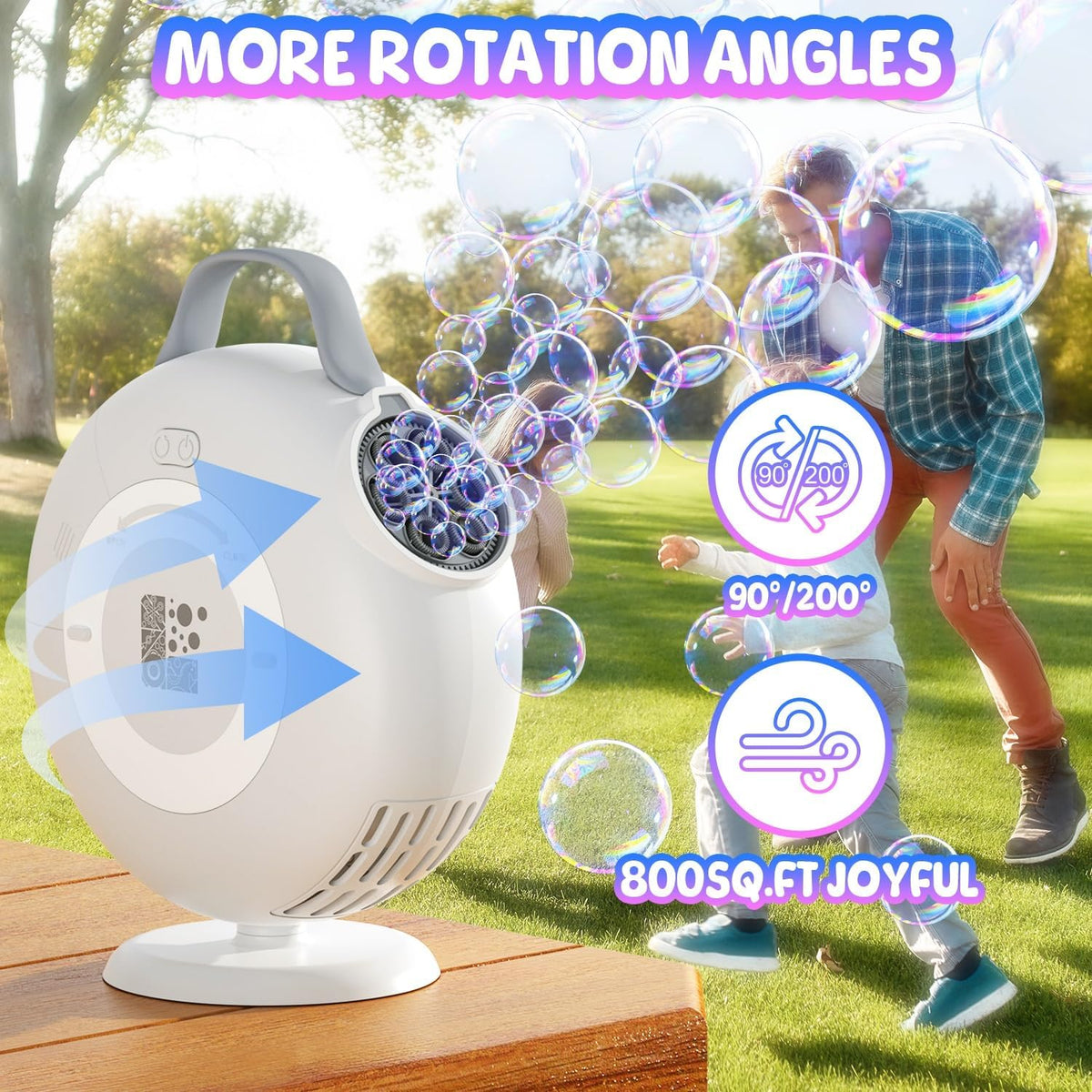 Máquina de burbujas, soplador automático de burbujas para niños pequeños, más de 8000 burbujas por minuto, enchufe eléctrico oscilante de 90° 200° o baterías para hacer burbujas, juguetes para fiesta