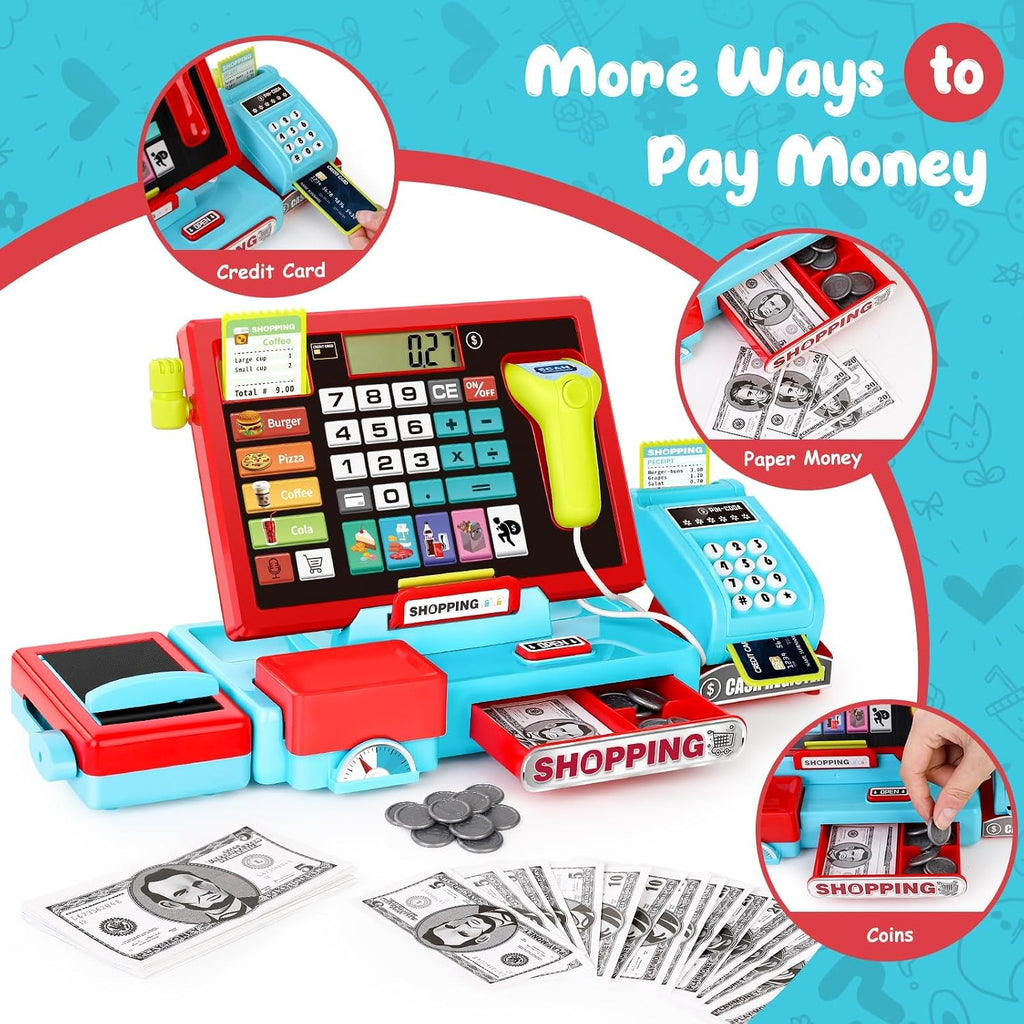 Kids Cash Register con Scanner, Role-Play Toys para Children 3-8 | Microphone, Shopping Basket, 52 Shop Accessories,Play Money, Pretend Play Children's Cash Register (Blue)