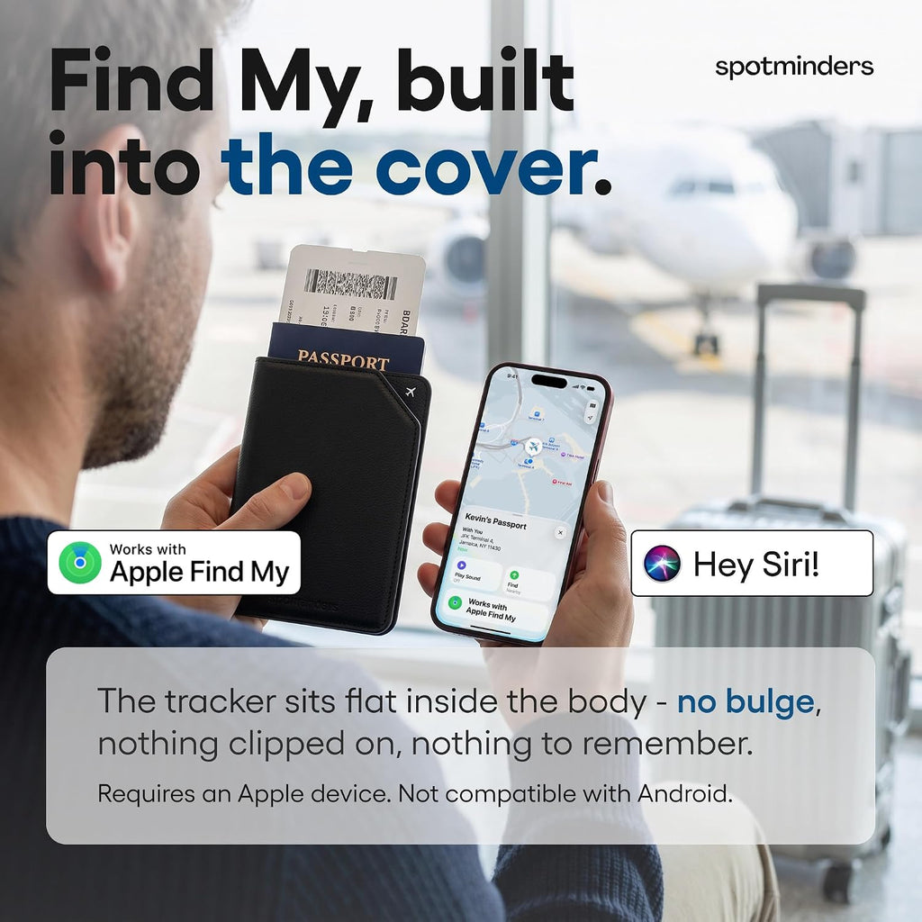 Apple MFi - Soporte para pasaporte rastreable para viajes (solo iOS) funciona con Apple Find My, funda recargable para pasaporte Air de 3 años de duración de la batería, cartera de viaje