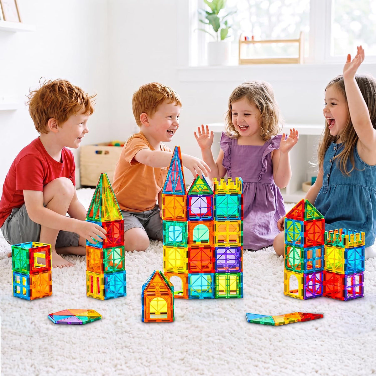 Gemmicc Azulejos Magnéticos, Deluxe 136 Piezas Bloques de Construcción Juguetes Magnéticos para Niños, Rompecabezas Magnéticos 3D Bloques Apilables para Niños y Niñas, Conjunto Enorme con 2 Carros
