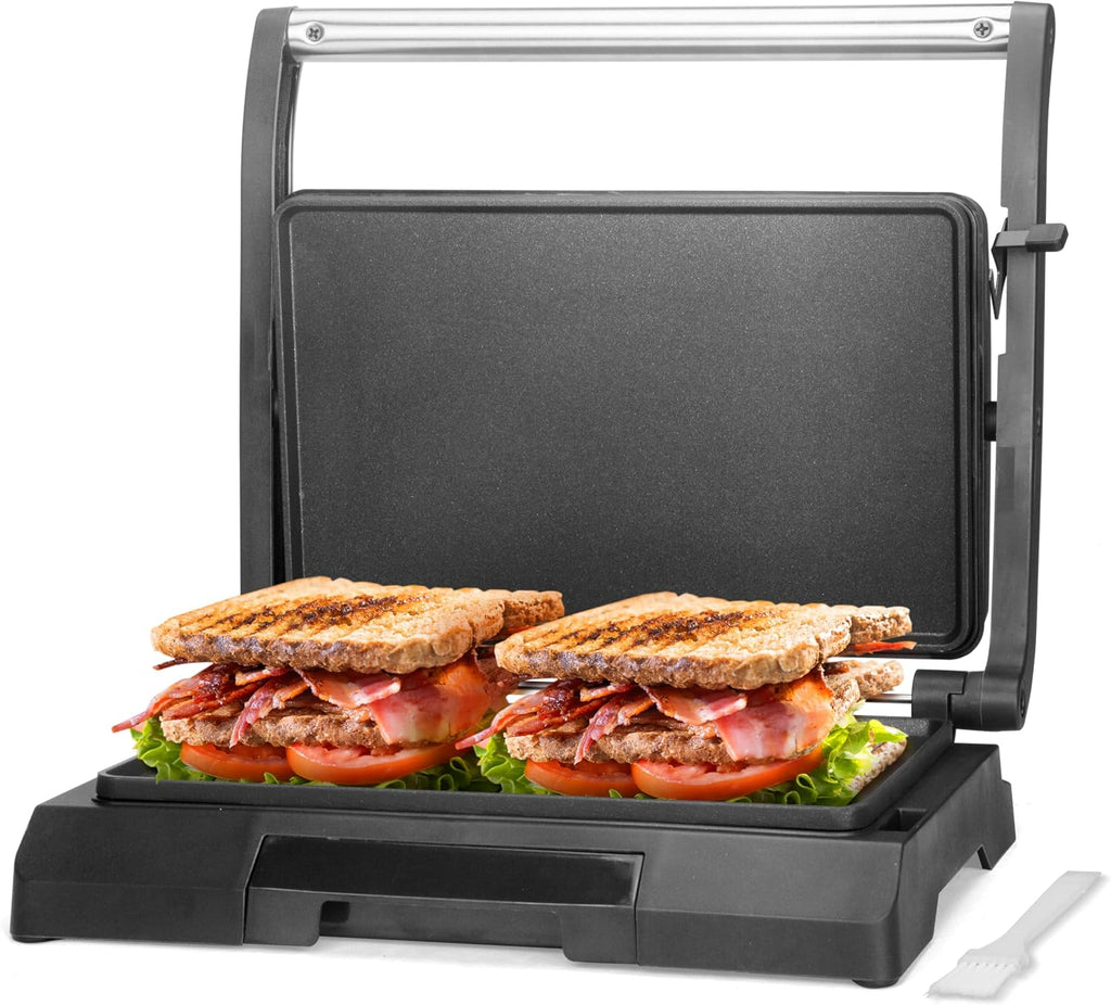 Baker's Friend Mini Panini Press - Plancha eléctrica para panini, 2 rebanadas de parrilla prensa panini para hacer sándwiches, sandwichera eléctrica para panqueques y huevos, bandeja de aceite