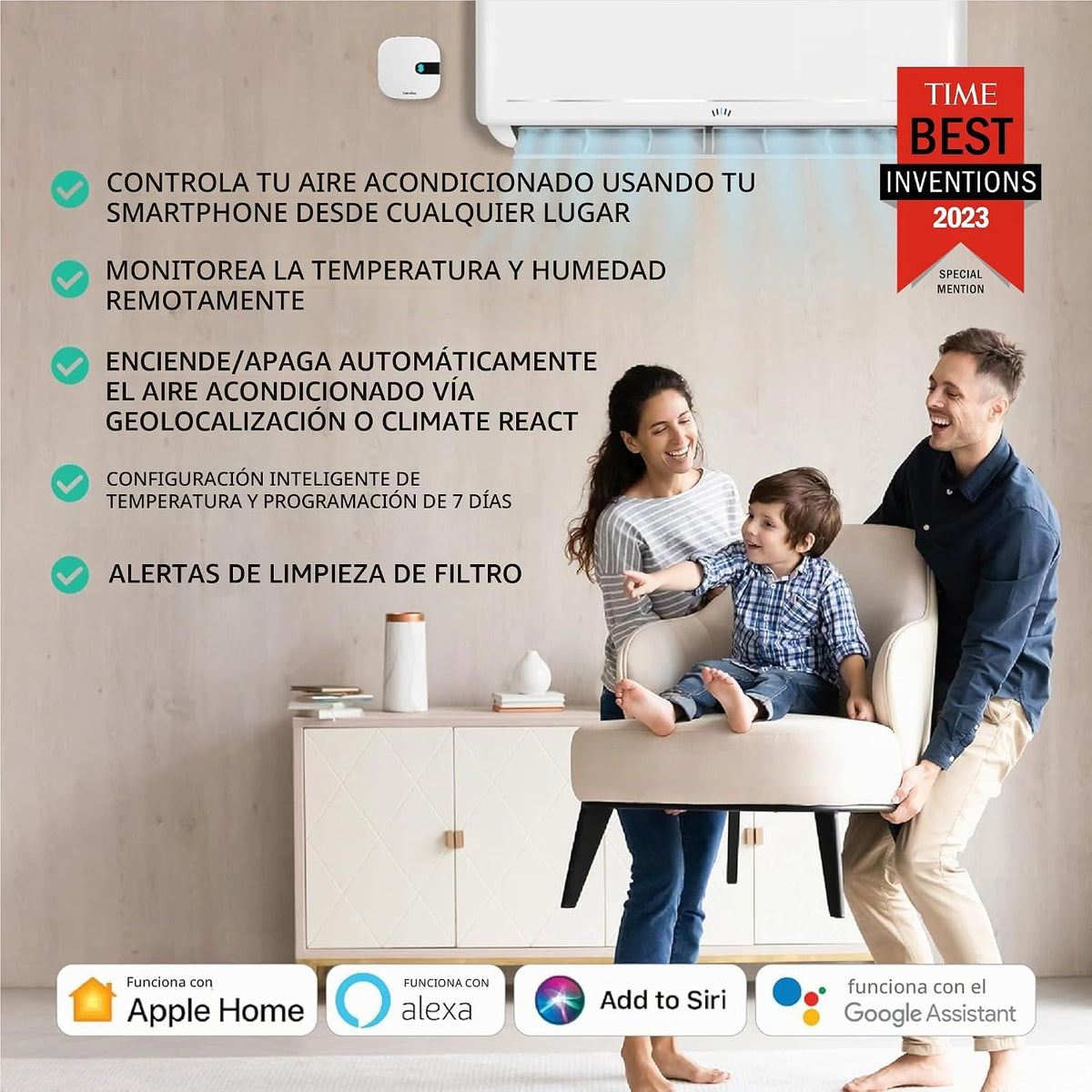 Sensibo Air - Controlador de aire acondicionado inteligente. Certificado Apple HomeKit. Instalación en 60 segundos. Mantiene características de confort y ahorro de energía. Compatible con Google