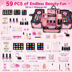 Juego de 59 piezas de maquillaje para niñas, juego de juguetes de maquillaje lavables para disfrazarse, juego de tocador de belleza con estuche de cosméticos, juguetes de cumpleaños para niñas