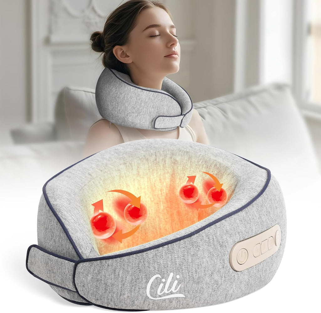 Almohada masajeadora de cuello inalámbrica con calor, masajeador de cuello Shiatsu para aliviar el dolor de tejido profundo, almohada de masaje térmica para viajes, 3 intensidades ajustables, regalos para mujeres y hombres