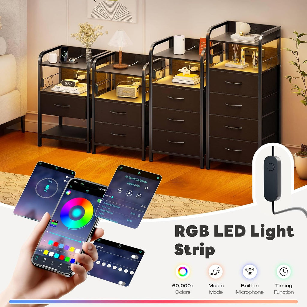 Lámpara Mesita de noche negra con estación de carga, luz LED inteligente, 2 cajones