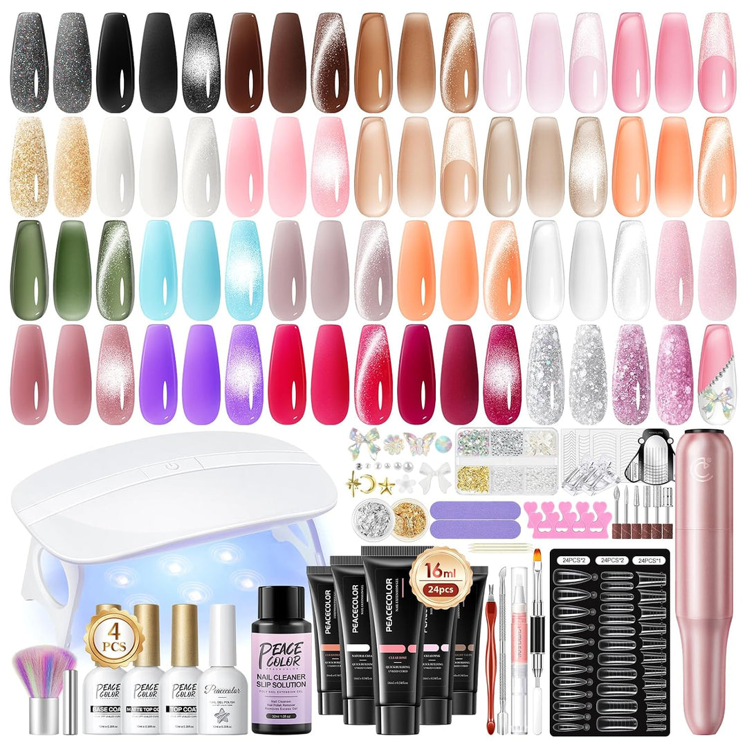 PEACECOLOR 52Pcs Kit de Gel de Uñas de Poli con Taladro y Luz UV, 2...