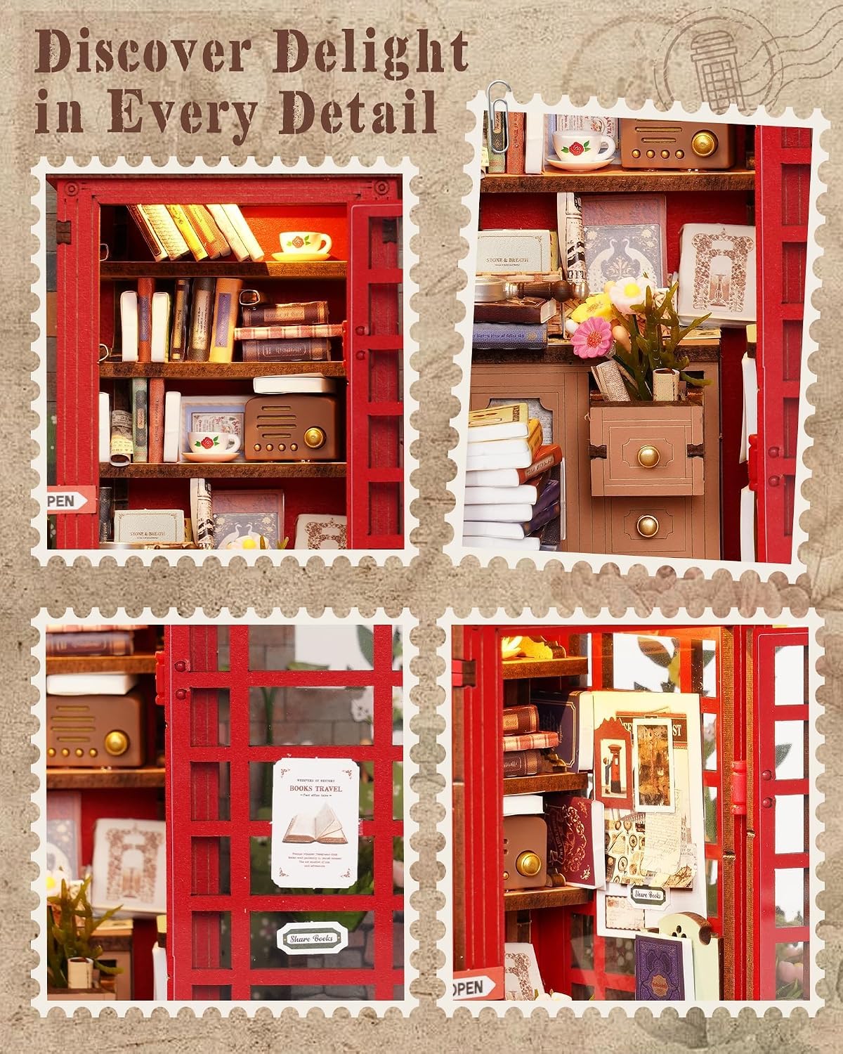 Rolife Rompecabezas de madera 3D estilo vintage, kit de modelo de cabina de teléfono de estilo británico, estantería de bricolaje para adultos, kit de construcción de modelos, manualidades divertidas