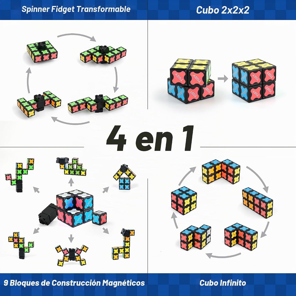 TOSY Magnet Fidget Spinner Mini - 8 Bloques, Juguete 3 en 1: Spinner transformable, Cubo Infinito, Cubo Rompecabezas 2x2, Alivio de Estrés, Bloques Magnéticos STEM Regalo de Cumpleaños para Niños/Varones/Mujeres/Adultos, Paquete de 4