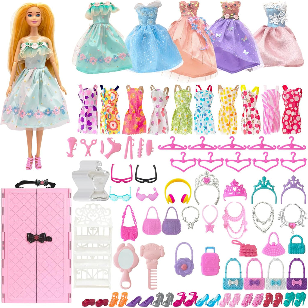 Juego de 122 piezas de armario de muñecas con muñecas de 11.5 pulgadas, ropa y accesorios, incluye armario, vestidos de princesa, zapatos, bolsas, perchas otros accesorios, juguetes de vestir para niñas, niños pequeños (rosa)