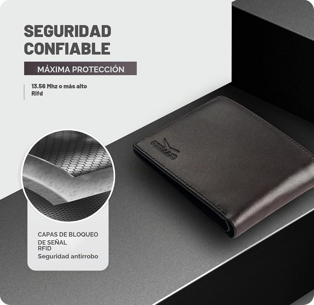 Cartera plegable de cuero para hombre con bloqueo RFID y ventana