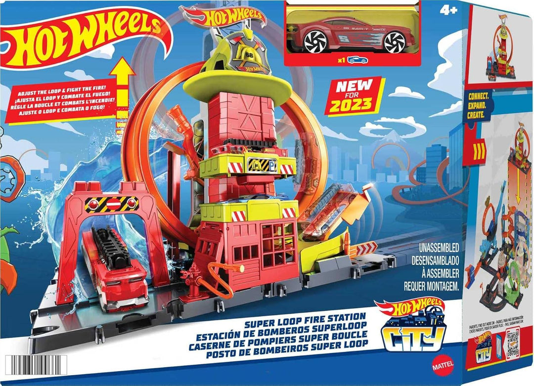 Hot Wheels City con 1 coche de juguete, ascensor impulsado por niño...