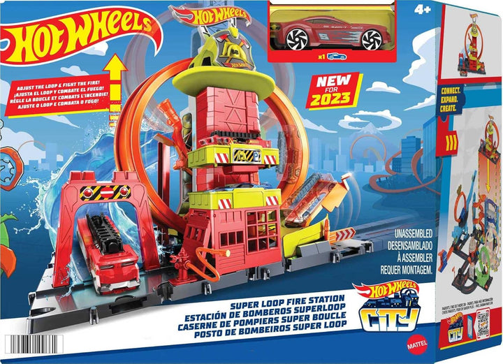 Hot Wheels City con 1 coche de juguete, ascensor impulsado por niño...