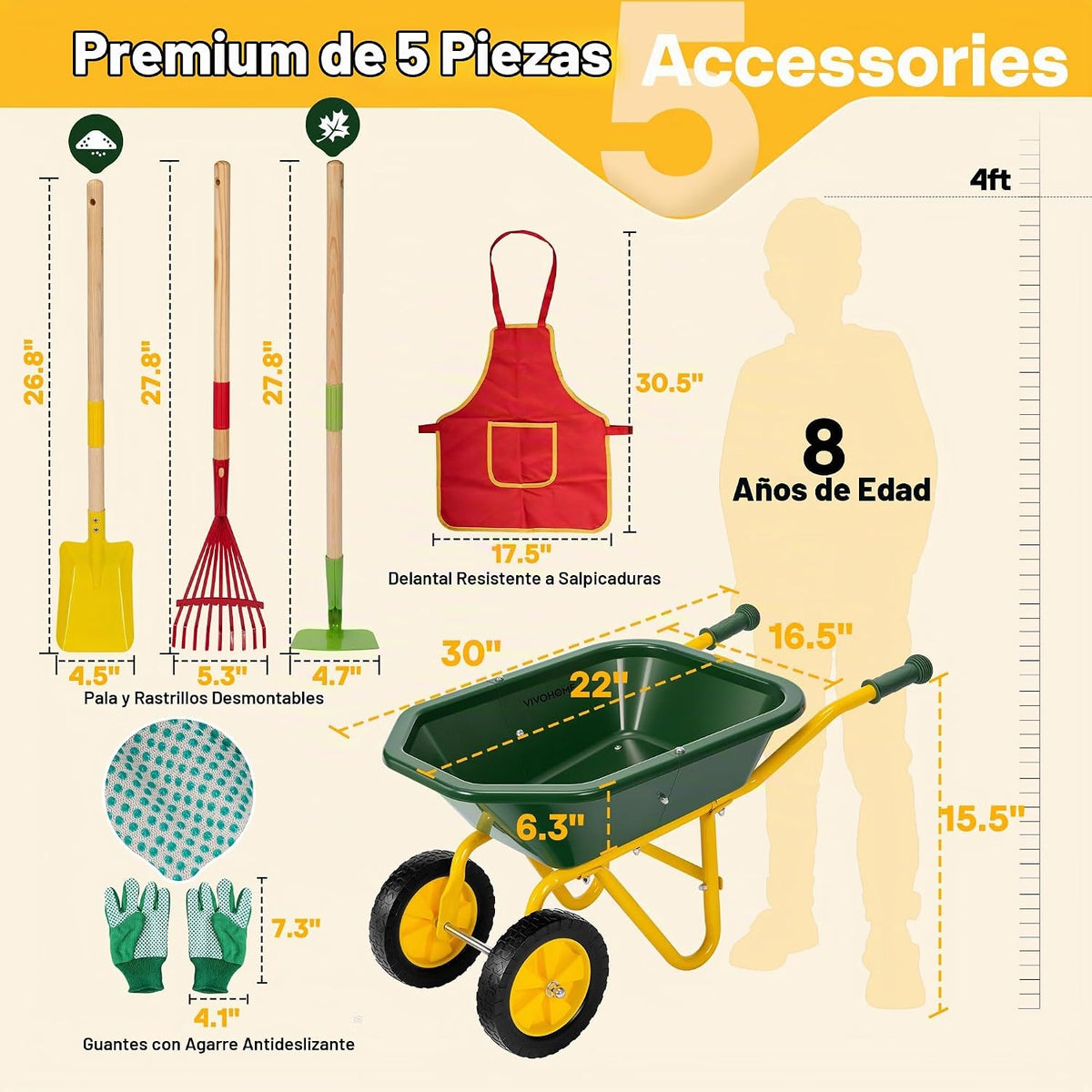VIVOHOME Juego de carretilla para niños de 30 pulgadas, 6 piezas para niños