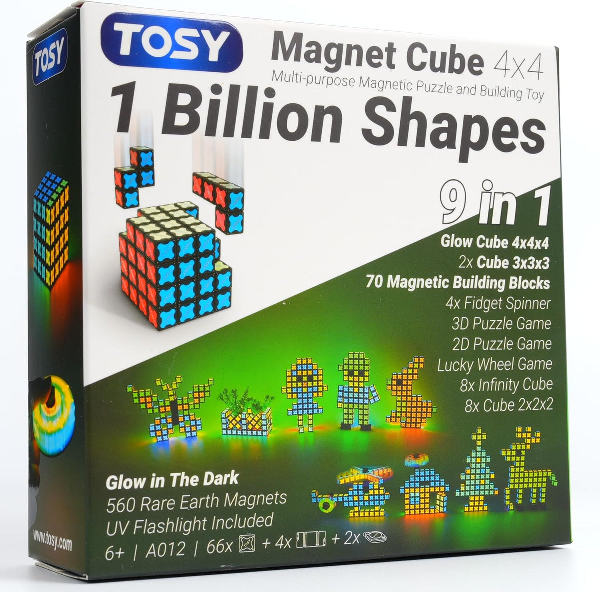 TOSY - Cubo magnético 4 x 4 – 560 imanes, 70 bloques, juguete 8 en 1: juego de rompecabezas, bloques de construcción creativos, spinner transformable, cubo infinito, azulejos magnéticos, linterna UV