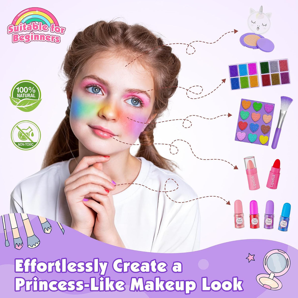 Kit de maquillaje de 59 piezas para niña, estuche de maquillaje lavable