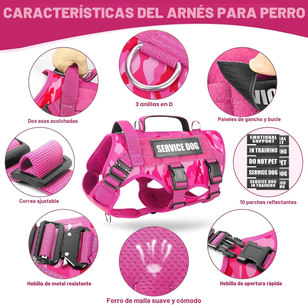 Arnés de chaleco para perro de servicio para perro mediano, chaleco táctico de trabajo MOLLE con 10 parches para mascotas, arnés resistente sin tirones de servicio pesado para entrenamiento y