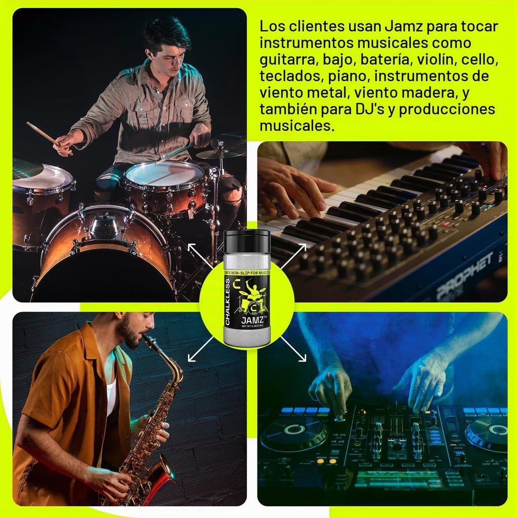 Chalkless Jamz Grip - Polvo para músicos, potenciador de agarre absorbente de aceite y alternativa de tiza de mano para baquetas, púas de guitarra, latón, probado en escenario para bateristas