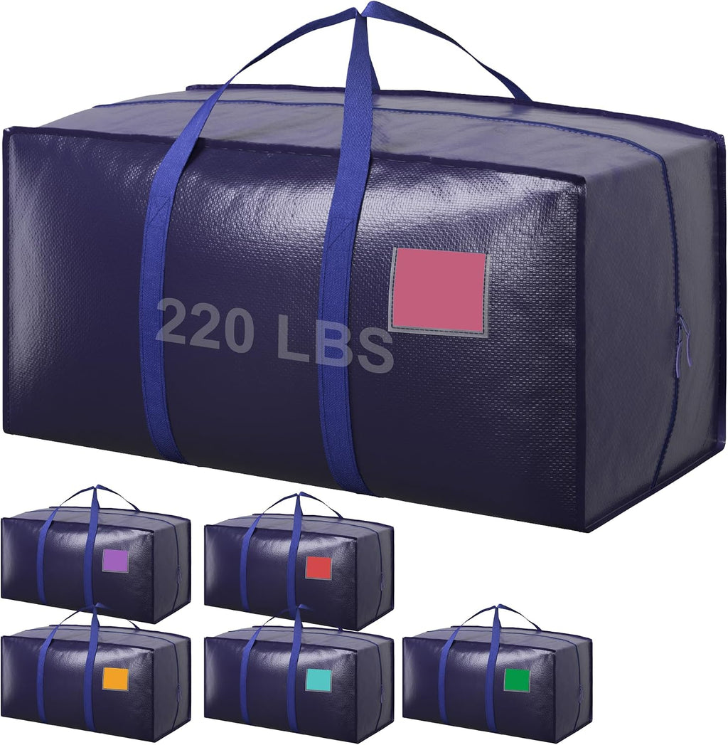 Paquete de 6 bolsas de mudanza resistentes de 210 GSM con cremallera lateral totalmente abierta, 93 L y 220 libras, impermeables, plegables para dormitorio universitario, alternativa de cajas de mudanza y organización del hogar, color azul