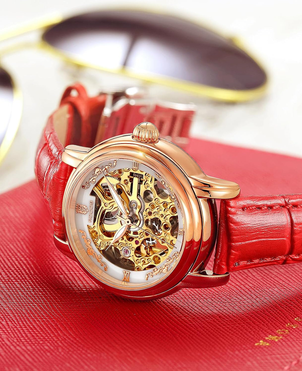 ROCOSJEWE Reloj de pulsera automático mecánico de lujo para mujer, esfera esqueletizada en oro rosado, manecillas luminiscentes, correa de cuero roja, reloj de vestir de moda para mujer, reloj esqueletizado autofaciente resistente al agua, regalo para