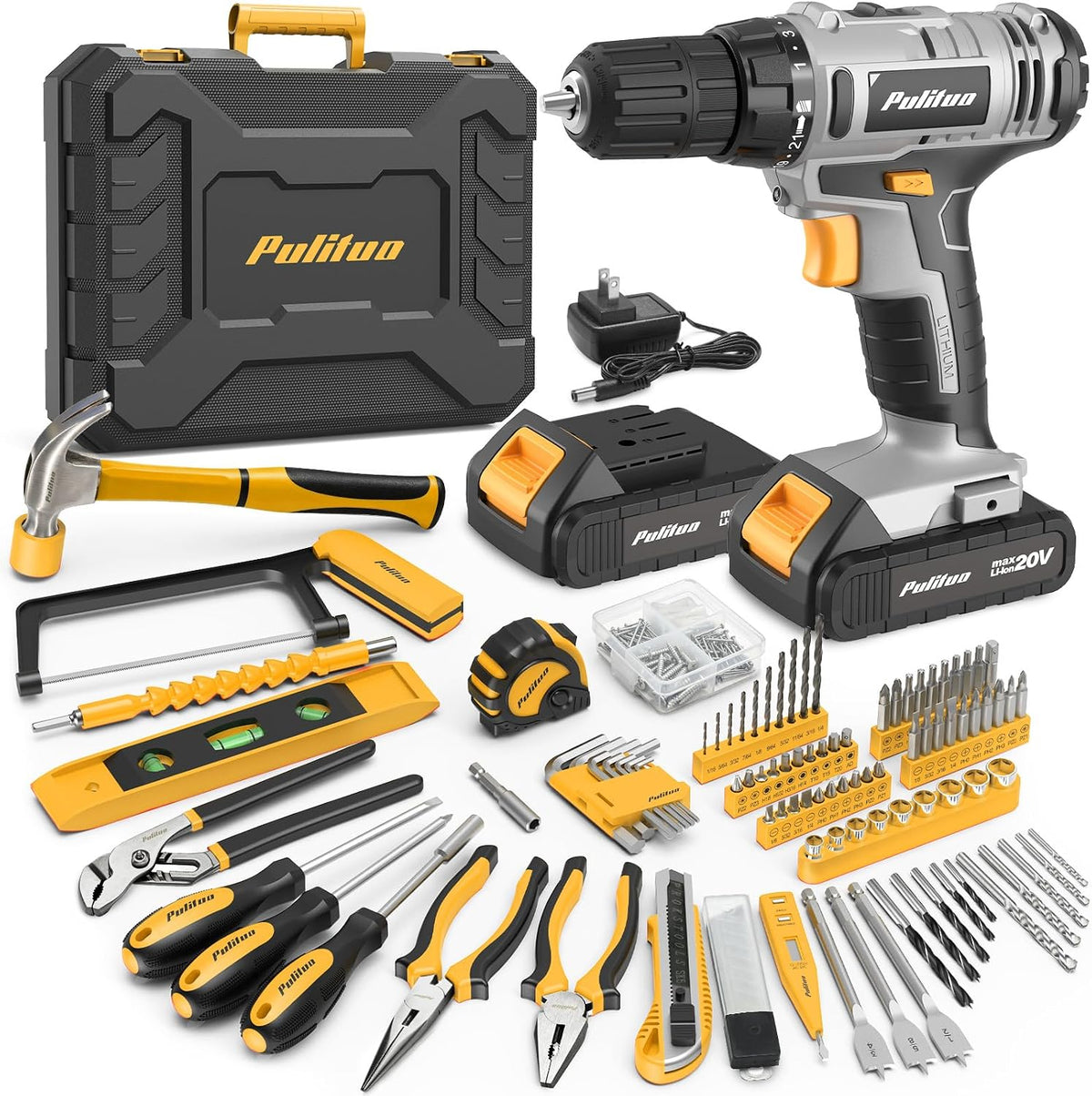 PULITUO Kit de herramientas de taladro eléctrico con taladro/destornillador inalámbrico de 20 V, destornillador eléctrico, 2 baterías y cargador, luz LED, juego de herramientas de bricolaje rosa para