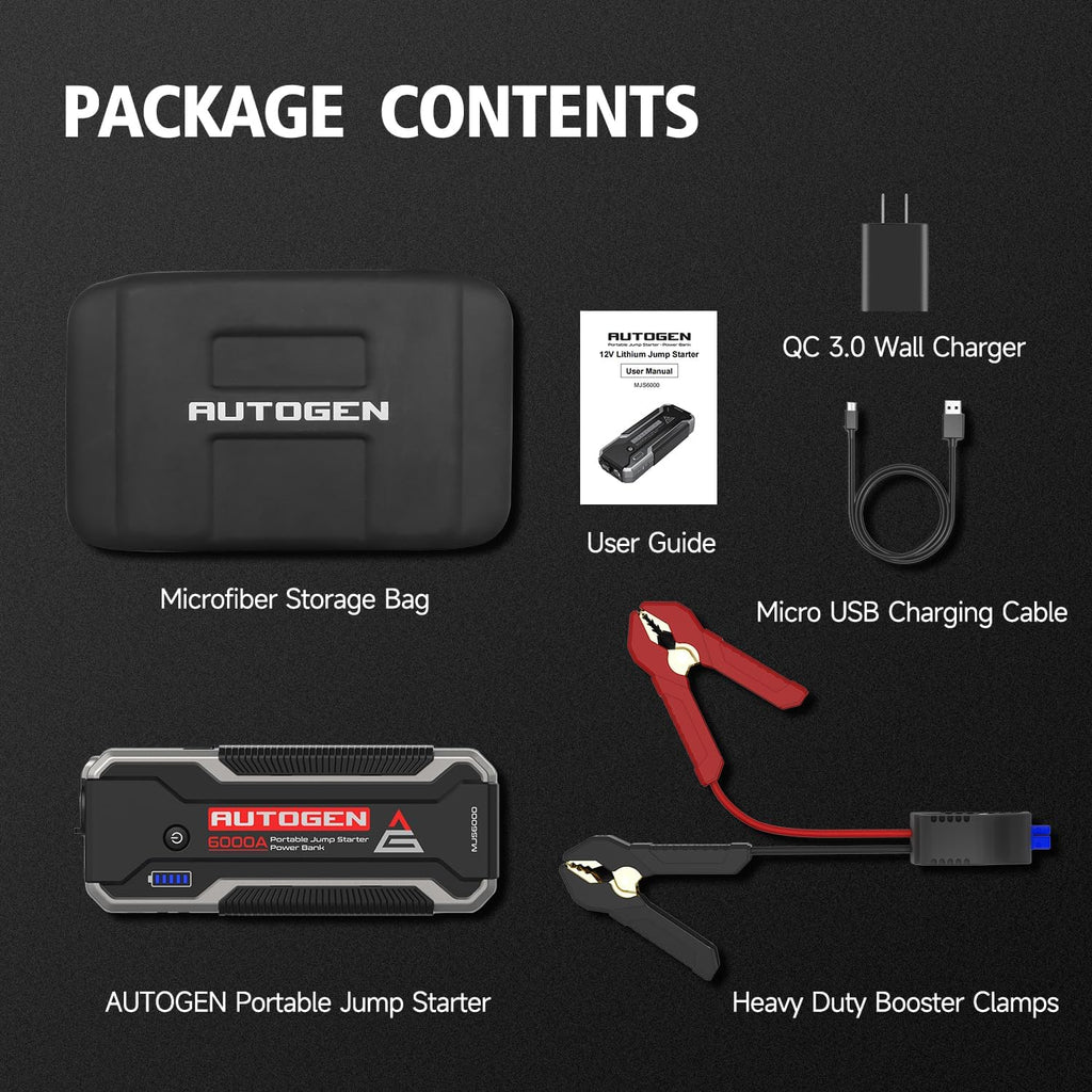 AUTOGEN - Arrancador de batería portátil de 6000 A, motor diésel de gasolina y 10.0 L, batería de arranque y caja de salto con salida de CC de 12 V y funda de EVA