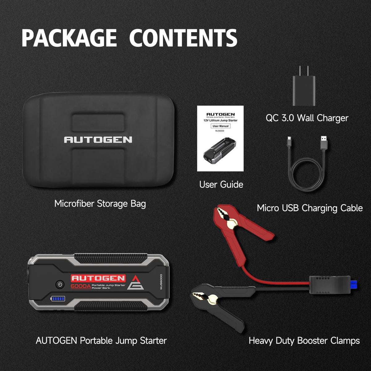 AUTOGEN - Arrancador de batería portátil de 6000 A, motor diésel de gasolina y 10.0 L, batería de arranque y caja de salto con salida de CC de 12 V y funda de EVA