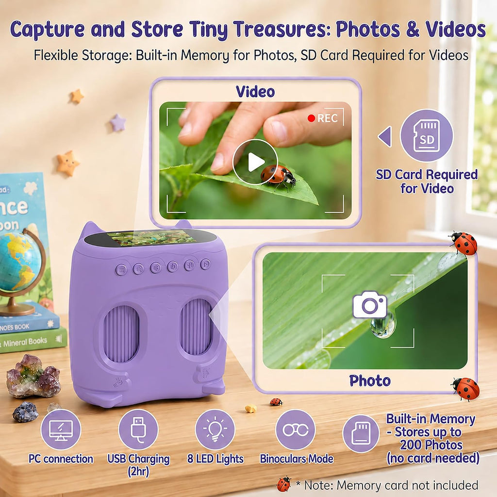 Microscopio y telescopio 2 en 1 para niños, microscopio digital de mano 1000X para niños, pantalla de 2.0 pulgadas, 8 LED, telescopio de bolsillo 10X para exteriores, cámara 1080P, juguetes