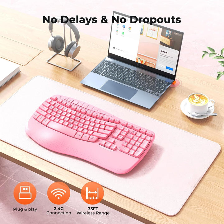 MEETION Teclado ergonómico inalámbrico, reposamuñecas con teclas on...