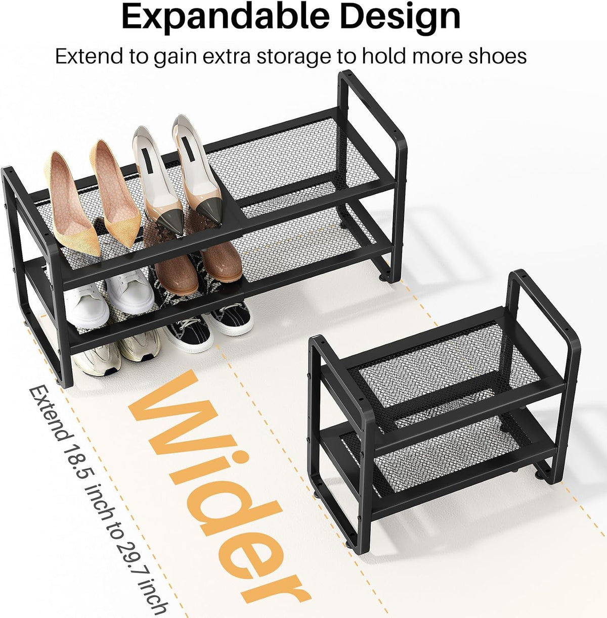 Estante metálico expandible para zapatero/closet, entrada y garaje, 2 niveles, negro