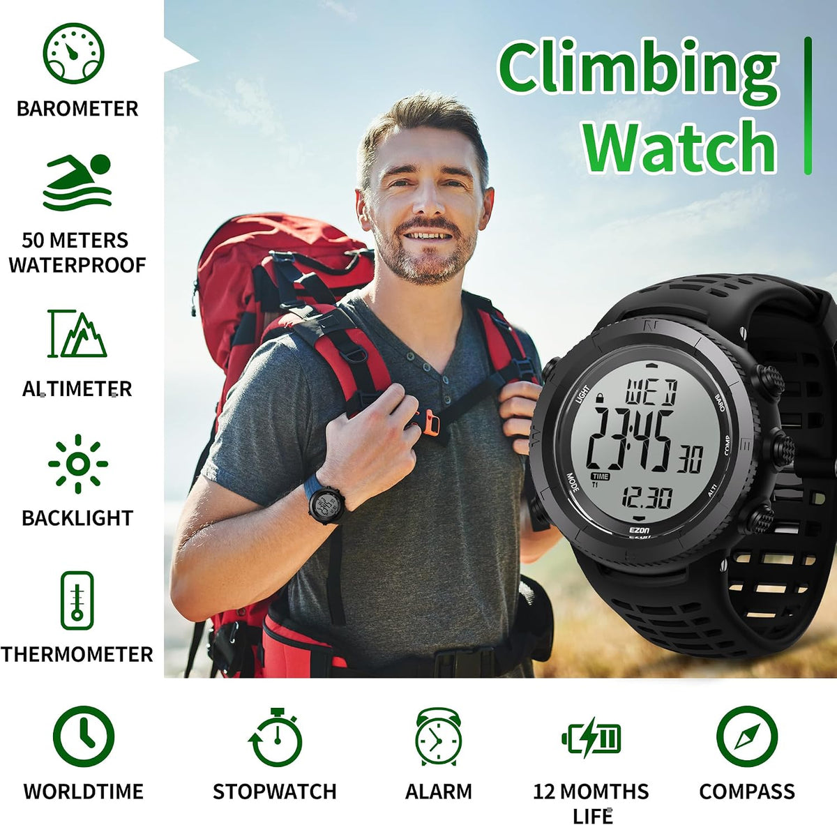 H001 Reloj Digital Militar para Hombre, Reloj de Aventura al Aire Libre con Altímetro, Barómetro, Brújula, Termómetro, Amanecer/Atardecer, Temporizador – Ideal para Senderismo, Trekking y Montañismo