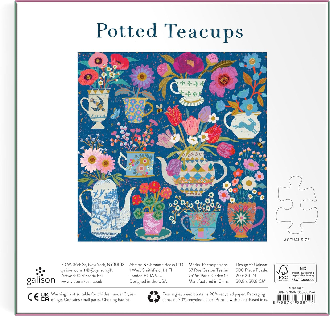 Galison Tazas de té en maceta, rompecabezas de 500 piezas de papel de aluminio con hermosas ilustraciones de tazas de té en maceta con fondo floral