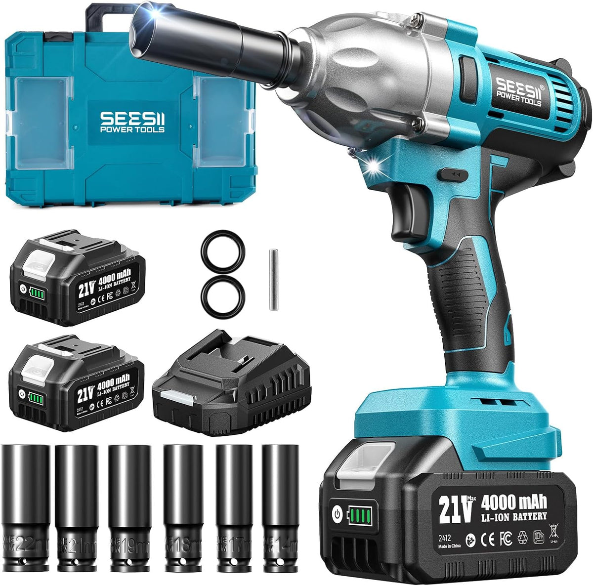 Seesii Llave de impacto 665 FT-LBS (900N.m) 3300IPM Pistola de impacto 1/2 de alto par eléctrico de impacto, llave de impacto inalámbrica con batería de 21 V, 2 x 4.0 Ah, 6 enchufes y estuche para el hogar, herramienta de extracción de tuercas de llanta d