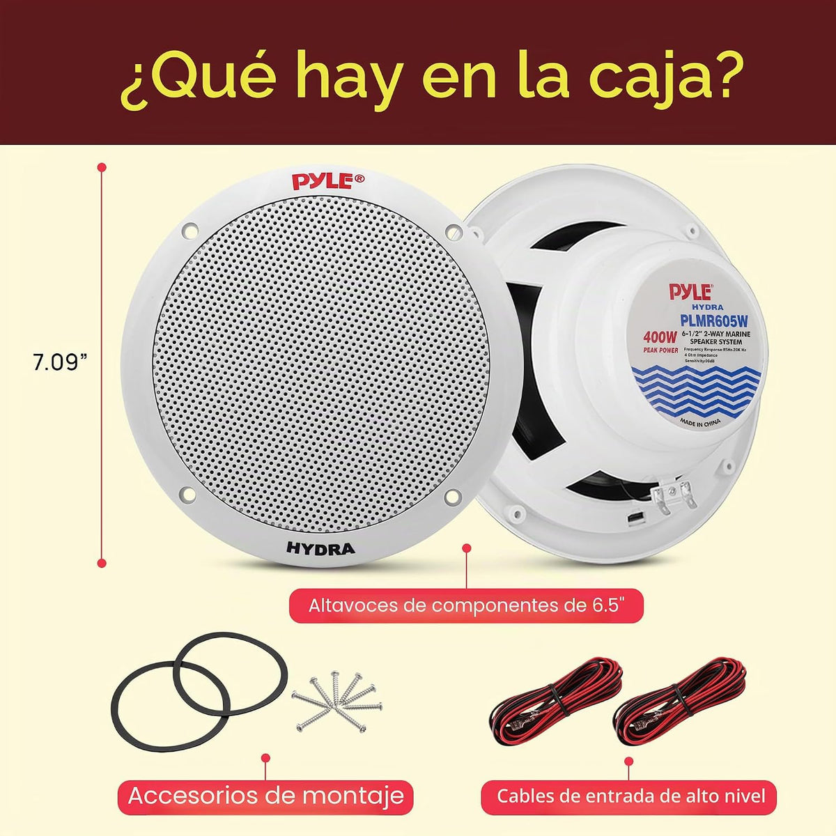 Pyle Altavoces marinos duales de 6.5 pulgadas, sistema de sonido estéreo de 2 vías, impermeable y resistente a la intemperie, con 400 vatios de potencia, cono de polipropileno y envolvente de goma de