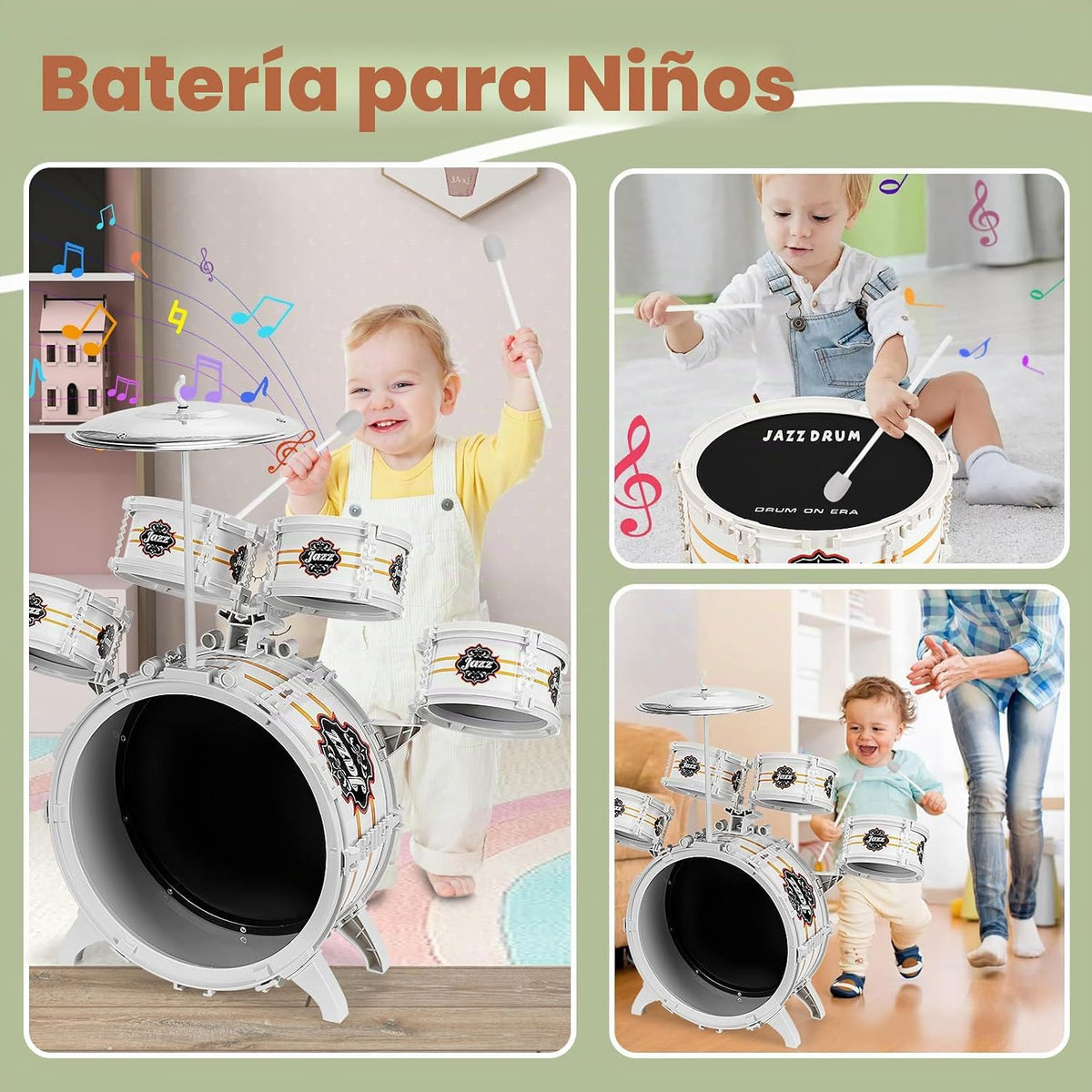 Juego de batería para niños pequeños de 1 a 3 a 5 años, juguetes musicales